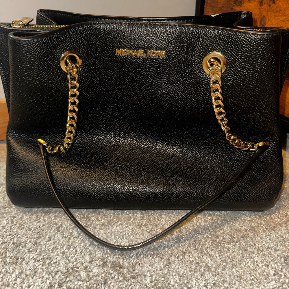 Michael Kors Black Leather Handbag with Gold Accents